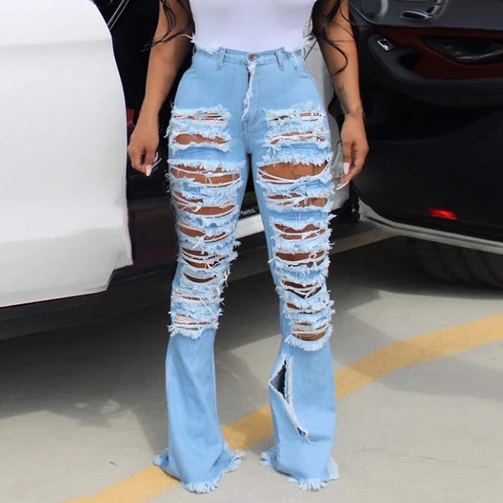 Women's Bell Bottom Jeans Elastic Waist Ripped Flared Denim